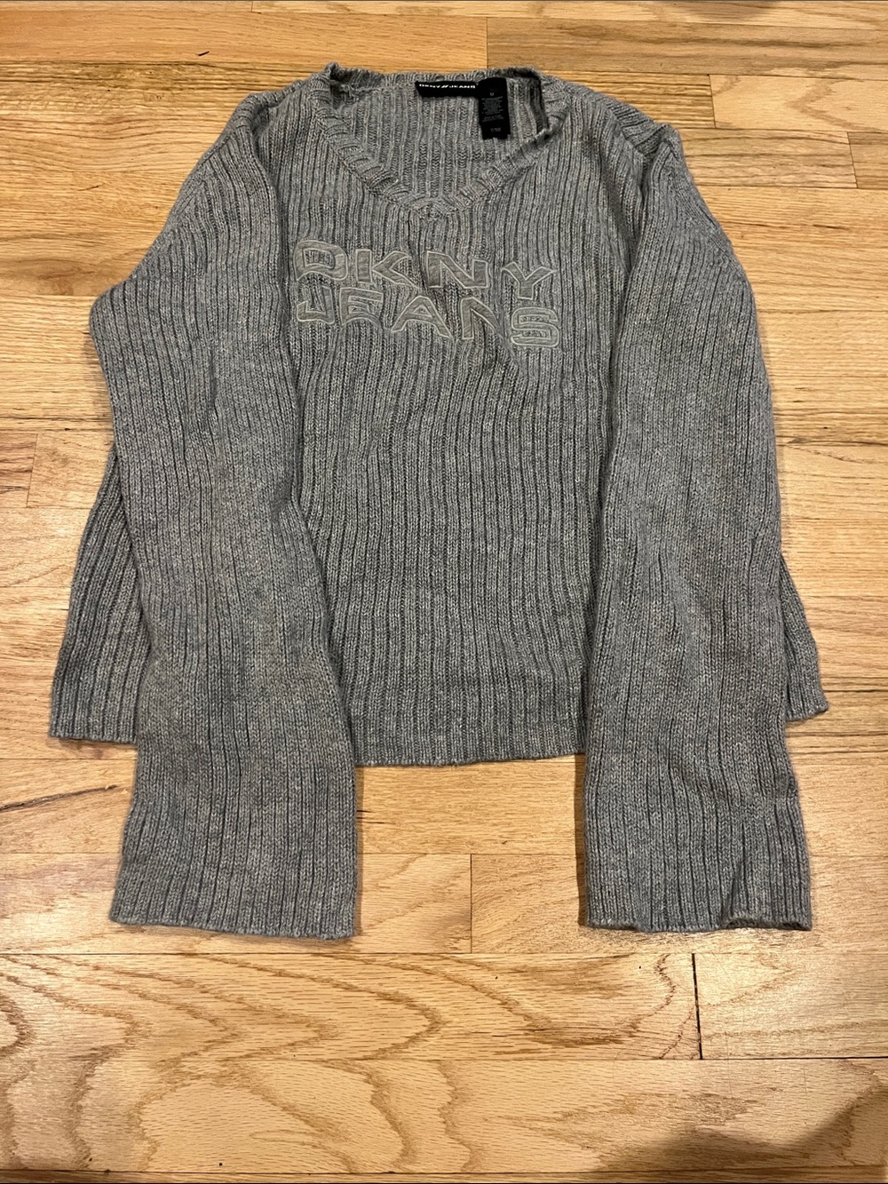 Dkny Gray Ribbed Crewneck Sweater with Logo